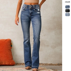 Women Flare Jeans Vintage High Waist Distressed Ripped Denim Pants Washed Double Button Raw Hem Streetwear Long Trousers
