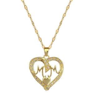 Elegant gold titanium heart necklace with MOM lettering and sparkling crystals