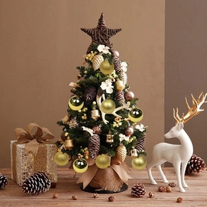 Golden 40cm decorated Christmas tree with pine cones, shiny baubles and star topper