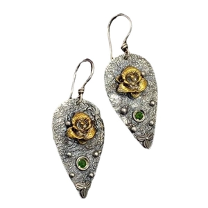 Artistic gold rose and green emerald drop earrings with handmade leaf texture hooks