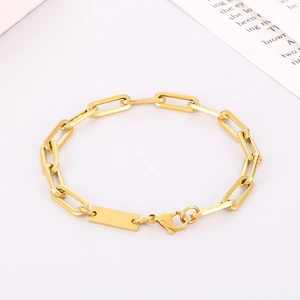Close-up of gold paperclip chain necklace with rectangular tag and lobster clasp on white background