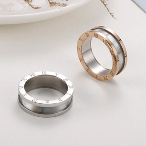 Two-tone stainless steel ring with Roman numerals and white shell inlay for women