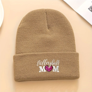 Khaki knit beanie featuring Volleyball Mom embroidery with a pink heart shaped volleyball