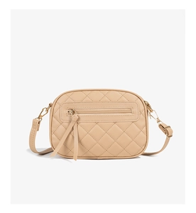 Detail of beige quilted faux leather crossbody bag with front zipper and silver hardware