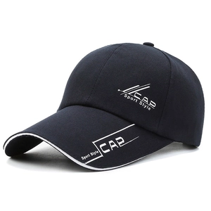 Navy blue cotton baseball cap with white CAP Sport Style embroidery and extended brim