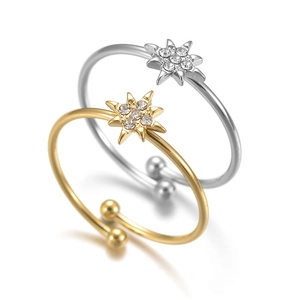 Adjustable titanium steel star rings with zircon crystals in gold and silver finishes