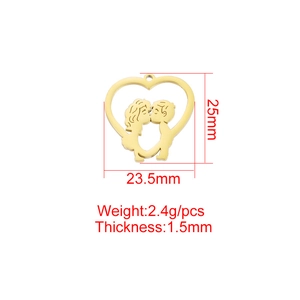 Golden stainless steel heart pendant with kissing couple silhouette, 25mm height