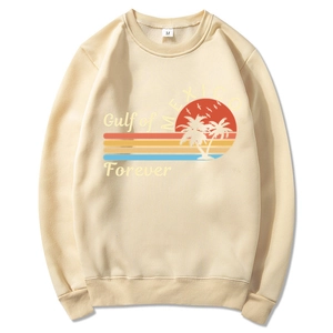 Beige Gulf of Mexico Forever sweatshirt with tropical palm tree print and ribbed cuffs