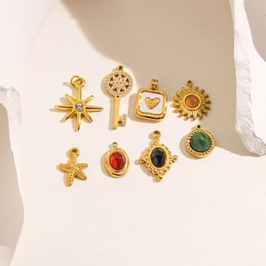 Vintage Stainless Steel Charms Gold Plated Gemstone Zircon Agate Pendants For DIY Jewelry Making Crafts Sun Star Heart Key