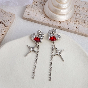 Silver liquid metal earrings with pink heart stones and sparkling rhinestone fringe