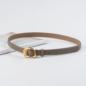 Minimalist taupe genuine leather skinny belt with elegant gold organic-shaped buckle