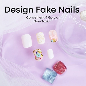 Handmade press-on nail set featuring 3D rabbit ears, marble texture and floral accents