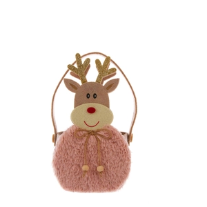 Pink plush Christmas reindeer gift bag with brown felt head and golden glitter antlers