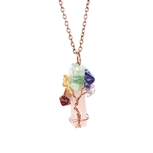 Detailed view of Rose Quartz column pendant with wire-wrapped tree of life and gemstones