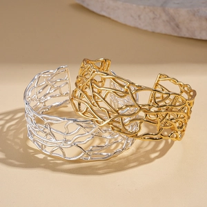 18K gold plated minimalist crossover mesh cuff bracelets in gold and silver finish