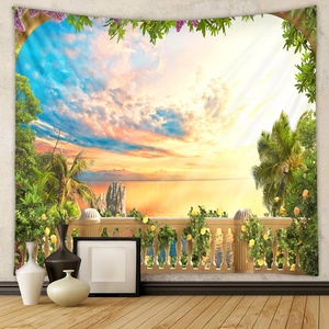 Detail eines Wandteppichs mit mediterranem Sonnenuntergang und Blumen am Meer