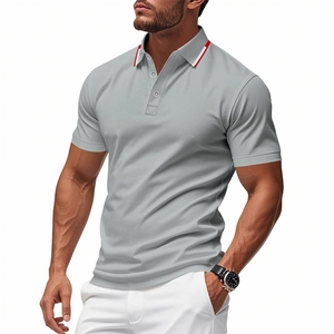Detail of grey men's Polo shirt featuring red and white striped collar and pique fabric