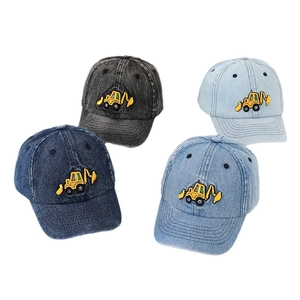 Kids denim baseball caps with excavator embroidery in four assorted blue colors