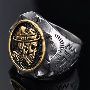 Punk vintage 1936 skull ring for men with gold rim in retro stainless steel finish