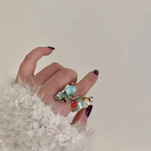 French retro silver butterfly open ring with colorful stones and natural beads