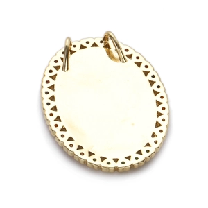 Detailed back view of gold oval pendant with zircon stones and polished finish
