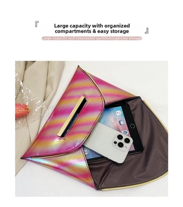 Detailed macro view of holographic envelope clutch bag showing large storage capacity