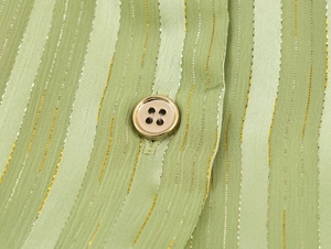 Macro detail of green striped fabric with metallic gold thread and golden metal button