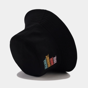 Detail of black cotton bucket hat featuring MAMA MOMMY MOM BRUH text embroidery