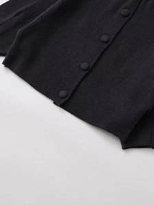 Détail d'un cardigan noir montrant la texture fine de la maille et des boutons assortis