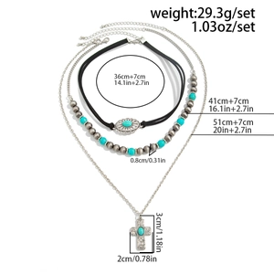 Detailed view of layered bohemian necklace with turquoise beads and cross pendant dimensions