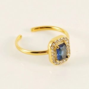 Bague double couche plaquée or 18K ajustable avec pierre bleue rectangulaire et diamants