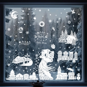 Stickers de Noël blancs pour fenêtres avec Père Noël, traîneau et forêt d'hiver