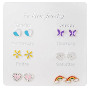 Set of 6 pairs minimalist heart and flower stud earrings on weekly planner card