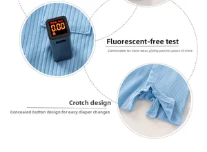 Detail of infant bodysuit showing fluorescent-free fabric test and snap button crotch