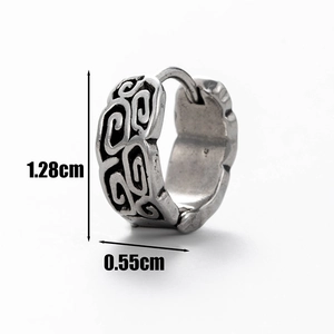Men's stainless steel dragon totem hoop earring in vintage silver with dimension details