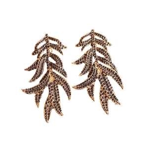 Vintage leaf tassel drop earrings with black rhinestones and silver needle studs