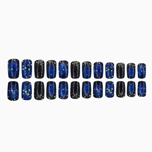 24pcs square navy blue starry sky press-on nails with glitter galaxy star design