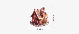 Waterproof pink gingerbread house sticker showing precise dimensions of 5.81cm by 5.49cm