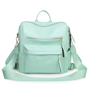 Detailansicht des mintgrünen Vintage-PU-Lederrucksacks mit mehreren Staufächern
