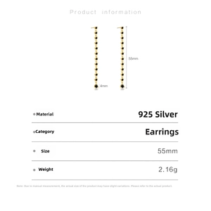 Detailed technical drawing of 925 silver long tassel earrings with 55mm length and 2.16g weight