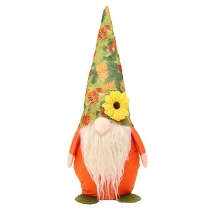 Autumn harvest gnome plush with orange leaf print hat and yellow sunflower decoration