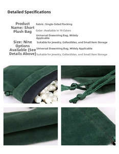 Detail view of dark green velvet drawstring pouches showing 19 colors and 9 sizes available
