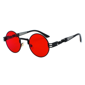 Steampunk round sunglasses with red lenses and industrial black spring metal frames