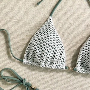 Detailed knit bikini top with sage green crochet, pearl beads and gold ring accents