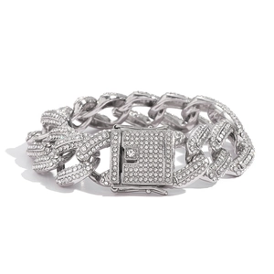20mm silver Cuban link bracelet with iced-out crystals for hip hop men fashion style