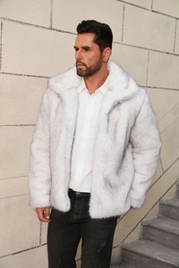 Close-up of luxury men's faux fur coat with fluffy texture and stylish lapel collar