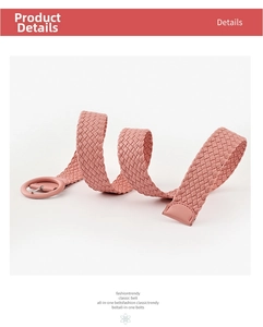Detail of pink woven PU leather belt with matching round buckle and intricate braiding