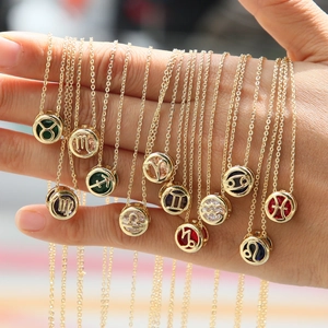 Brass Twelve Zodiac Sign Pendant Necklace For Women Double Sided Hollow Round Pendant Rhinestone Fashion Jewelry Gift