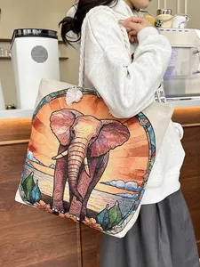 Women Vintage Elephant Floral Canvas Tote Bag Large Capacity Ethnic Embroidery Shoulder Bag With Cotton Rope Handle Casual Travel Shopping Handbag