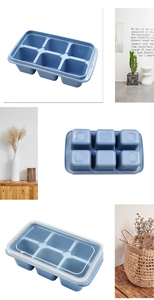 Detail view of a 6-grid blue ice cube mold with a clear lid for home refrigerators